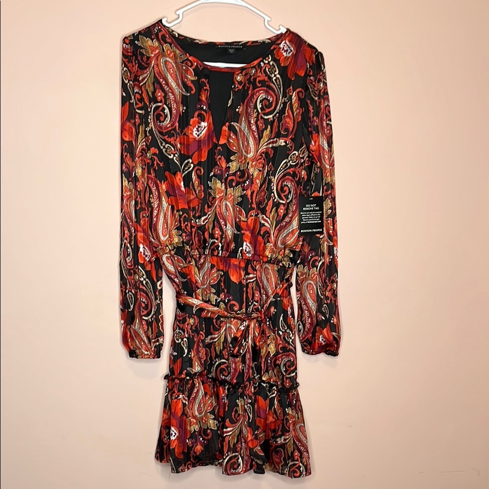 NWT Boston Proper Red and Black Pleated Wrap Sundress